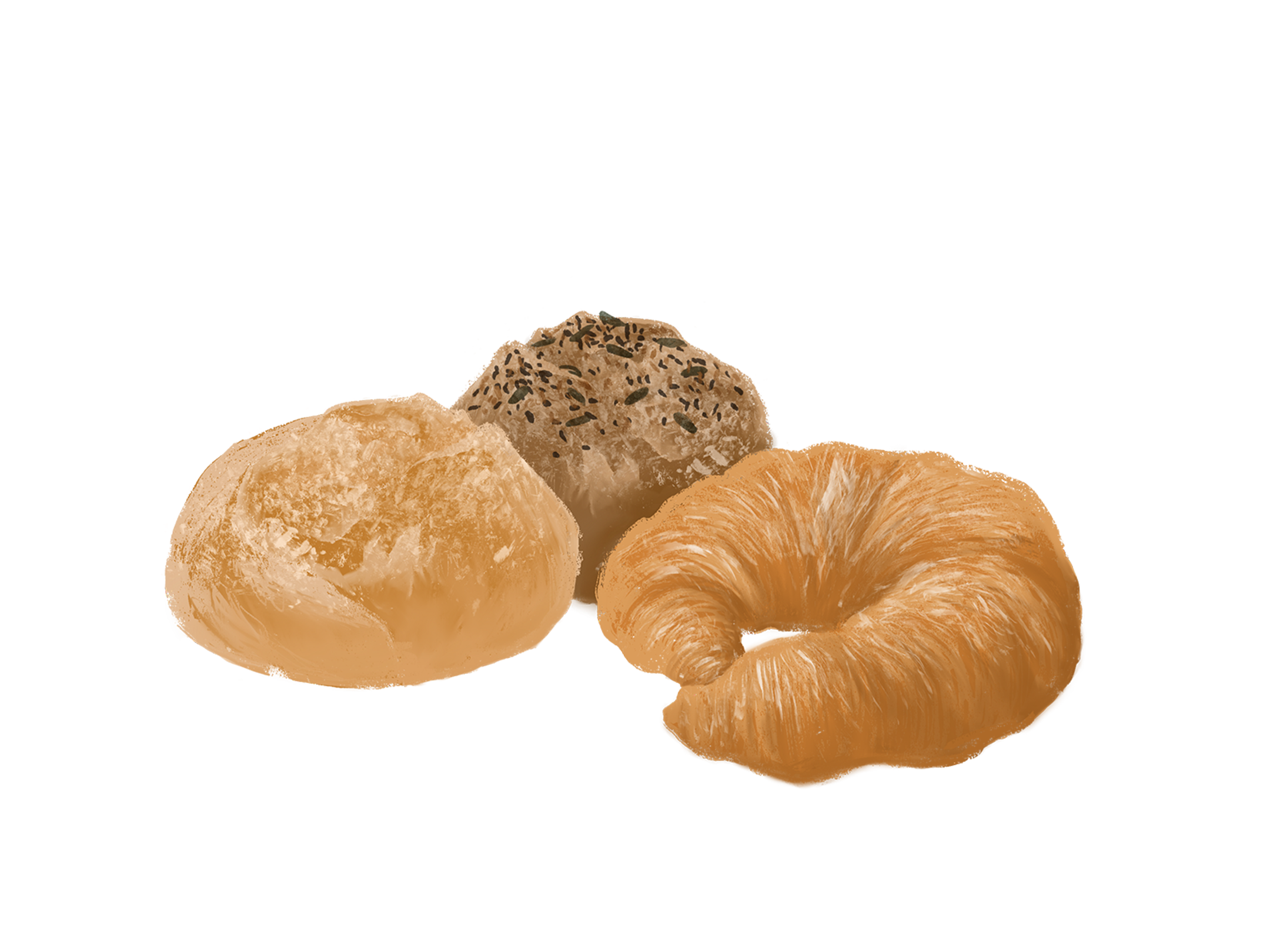Illustration von zwei Brötchen und einem Croissant
