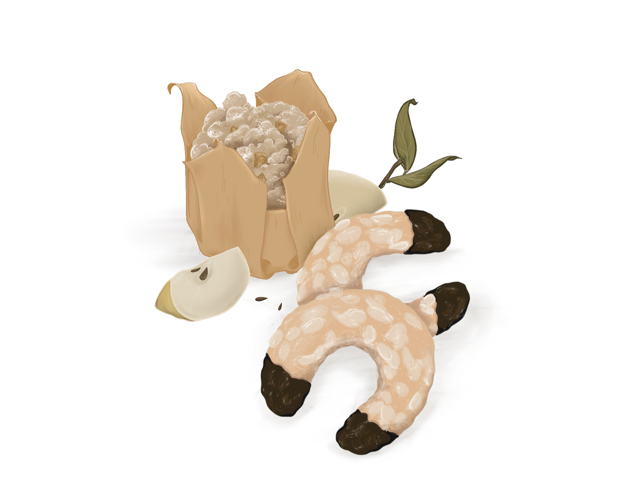 Illustration von zwei Mandelhörnchen im Vordergrund, dahinter ein veganer Apfel-Streusel-Muffin